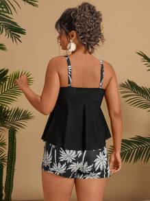 Travachic 大码女式热带棕榈树印花拼接撞色镂空前腰修身休闲沙滩泳衣两件套，夏季