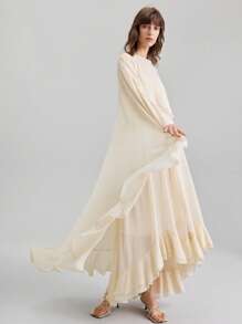 Ontre 2026春夏新款女士长款荷叶边连衣裙，雪纺面料，适合度假穿着 - 卡其色 - 查看 4