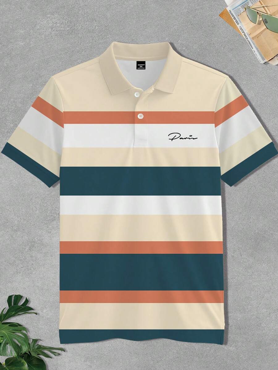 Manfinity Homme Plus Size Men's Summer Letter & Striped Short Sleeve Casual Commuting Polo Shirt - Multicolor - View 1