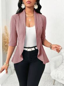 SHEIN Lady 四季蓝色镂空纹理开衫女士外套秋冬女士办公室服装