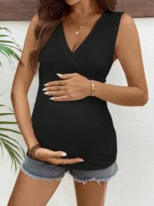 SHEIN Women's Pleat Surplice Nursing Camisole Top - Black - View 3