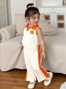 SHEIN 2pcs/Set Girls 3D Floral Knitted Color Blocking Polo Vest And Flared Pants, Summer Outfit