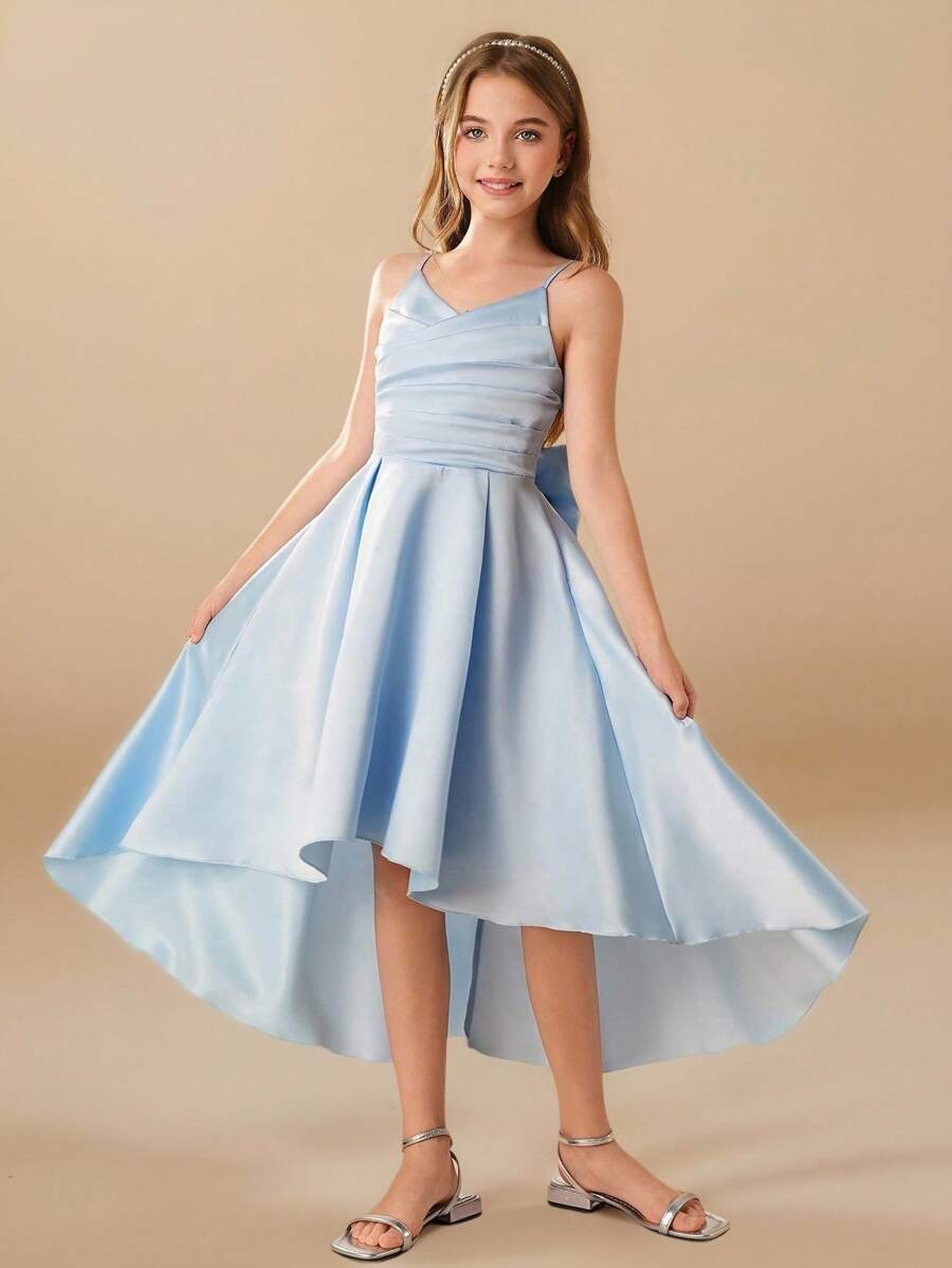 Robe demoiselle d'honneur pour préadolescentes à col en V sans manches avec grand nœud au dos, coupe évasée, courte devant longue derrière, robe de demoiselle d'honneur de luxe pour mariage, anniversaire, représentation - Bleu azur - Voir 1