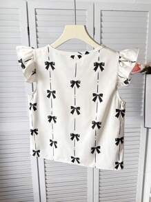 SHEIN 青少年女孩休闲V领蝴蝶印花盖袖衬衫 - 米色 - 查看 2