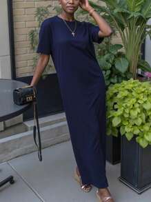 INAWLY Solva 女士休闲纯色圆领短袖长裙，夏季 - 藏蓝色 - 查看 4