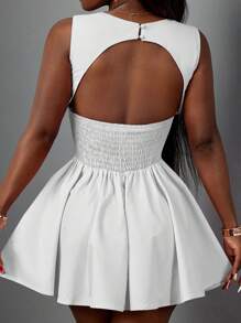 Slaydiva 全新夏季优雅锁孔无袖露背 A 字形公主裙，粉色女式短裙 - 白色 - 查看 2