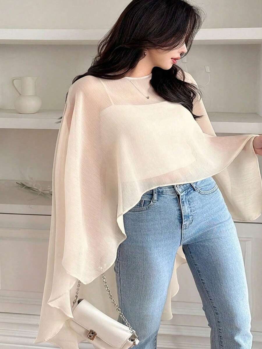 Dazy Plus Plus Size Crew Neck Sheer Batwing Sleeve Asymmetrical Hem Elegant Sheer Top,Crop Tops Women