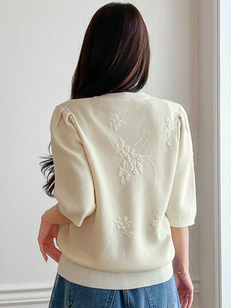 Women's Round Neck Short Sleeve Loose Jacquard Pattern Knit Top, Summer,Fall Clothes Women Sweater