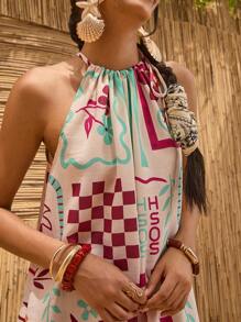 Bóhologie Vestido bohemio estilo A-line con cuello halter y bordado floral, vestido bohemio para mujer