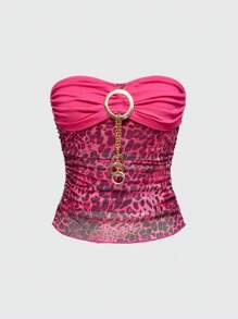 ROMWE Grunge Punk 豹纹水钻金属链前开襟紧身女式背心，狂野别致复古风格