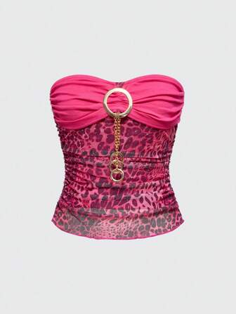 Grunge Punk Leopard Print Rhinestone Metallic Chain Front Tight Fitting Tank Top For Women, Wild Chic Retro Style