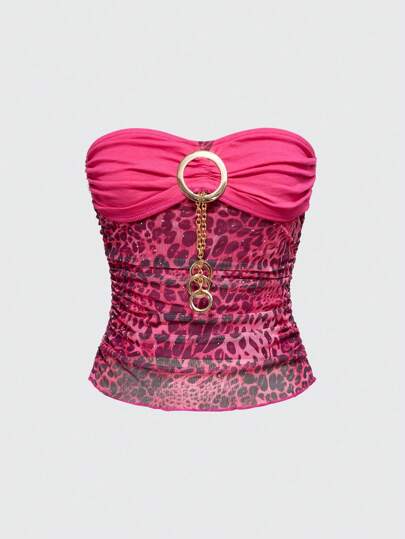 Grunge Punk Top ajustado de estilo metálico con cadena en la parte delantera y estampado de leopardo con rhinestones para mujer, de estilo retro y salvaje