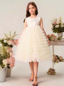 青少年女孩夏季网纱芭蕾舞裙，适合派对、婚礼、生日 - 杏色 - 查看 4