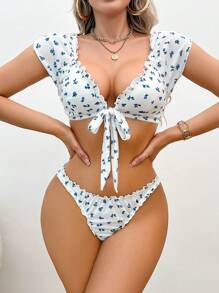 SHEIN 2件套花卉印花荷叶边文胸套装 - 白色 - 查看 5