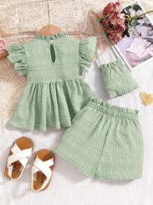 SHEIN 2pcs Set: Young Girl V-Neck Pleated Pullover Sweater & Loose Shorts, Plus Diagonal Crossbody Bag
