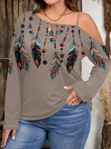 SHEIN LUNE Plus Size Women Casual Minimalist Full-Width Feather Print Asymmetrical T-Shirt, Spring Autumn Fall Top - Multicolor - View 4