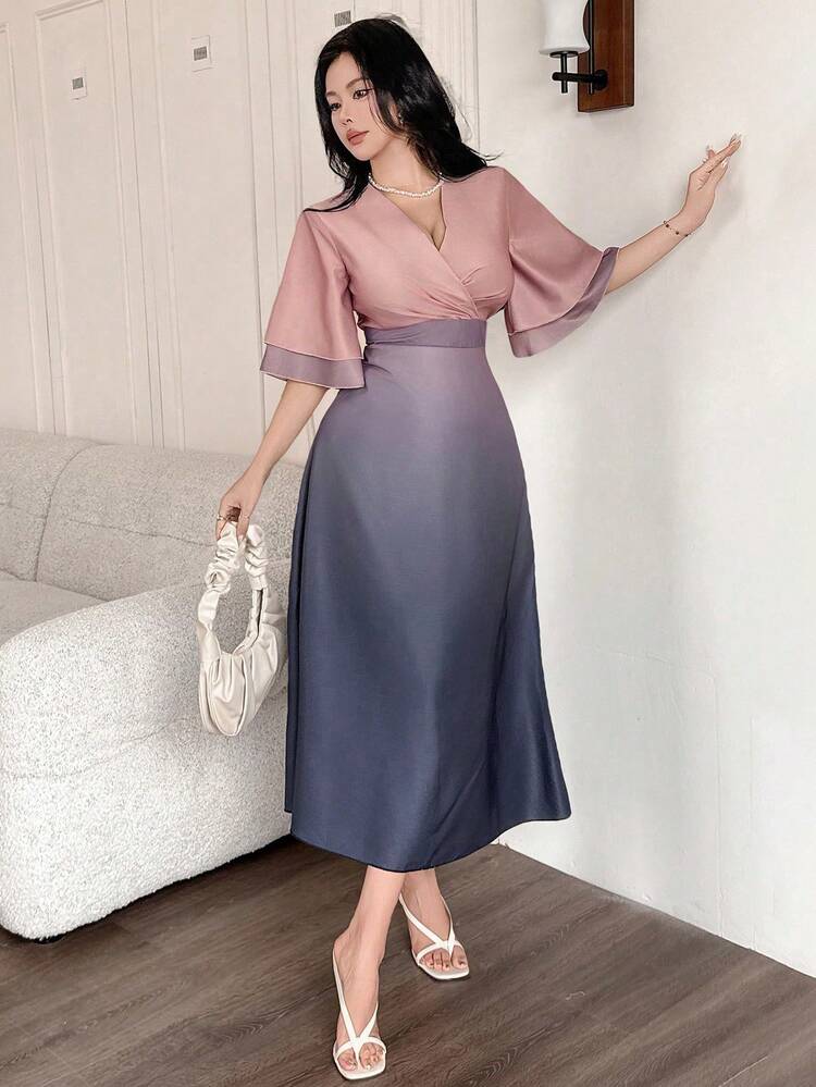 Women's Elegant Ombre Waist Midi Dress, Summer,Ruffle