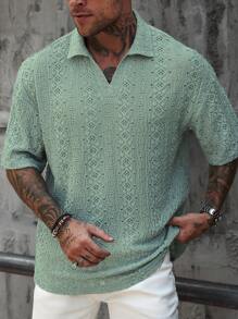 Manfinity RSRT 男式纯色针织半拉链网眼纹理短袖 Polo 衫 - 綠色 - 查看 3