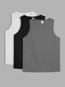 SHEIN Paquete múltiple de parte superior de unicolor para niño preadolescente, informal y universitario, cómodo, versátil, de tela suave apto para uso diario, escuela, viajes, deportes al aire libre, primavera/verano - Multicolor - Ver 3