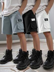 SHEIN Pantalones cortos tipo cargo multicolor para niños, paquete múltiple, casuales, para la escuela, cómodos, de moda, minimalistas, versátiles, de tela suave adecuados para el uso diario, la escuela, al aire libre, primavera/verano - Multicolor - Ver 1