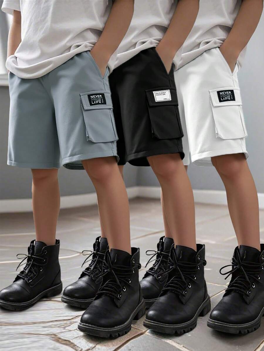 SHEIN Pantalones cortos tipo cargo multicolor para niños, paquete múltiple, casuales, para la escuela, cómodos, de moda, minimalistas, versátiles, de tela suave adecuados para el uso diario, la escuela, al aire libre, primavera/verano - Multicolor - Ver 1