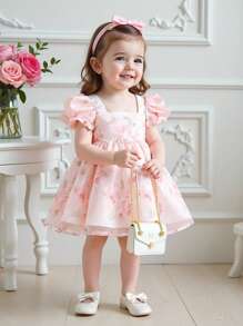 SHEIN Baby Girls Rose Print Organza Puffed Sleeve Dress, Summer Girl Clothes Dress Baby Girl Clothes Girl Summer Dress Baby Girl High Quality Clothing Baby Girl Clothes Dress Baby Girl Clothes Dress Elegant Dresses For Baby Girl Dresses For S Dress Fashion Elegant Baby Girl - Multicolor - View 1