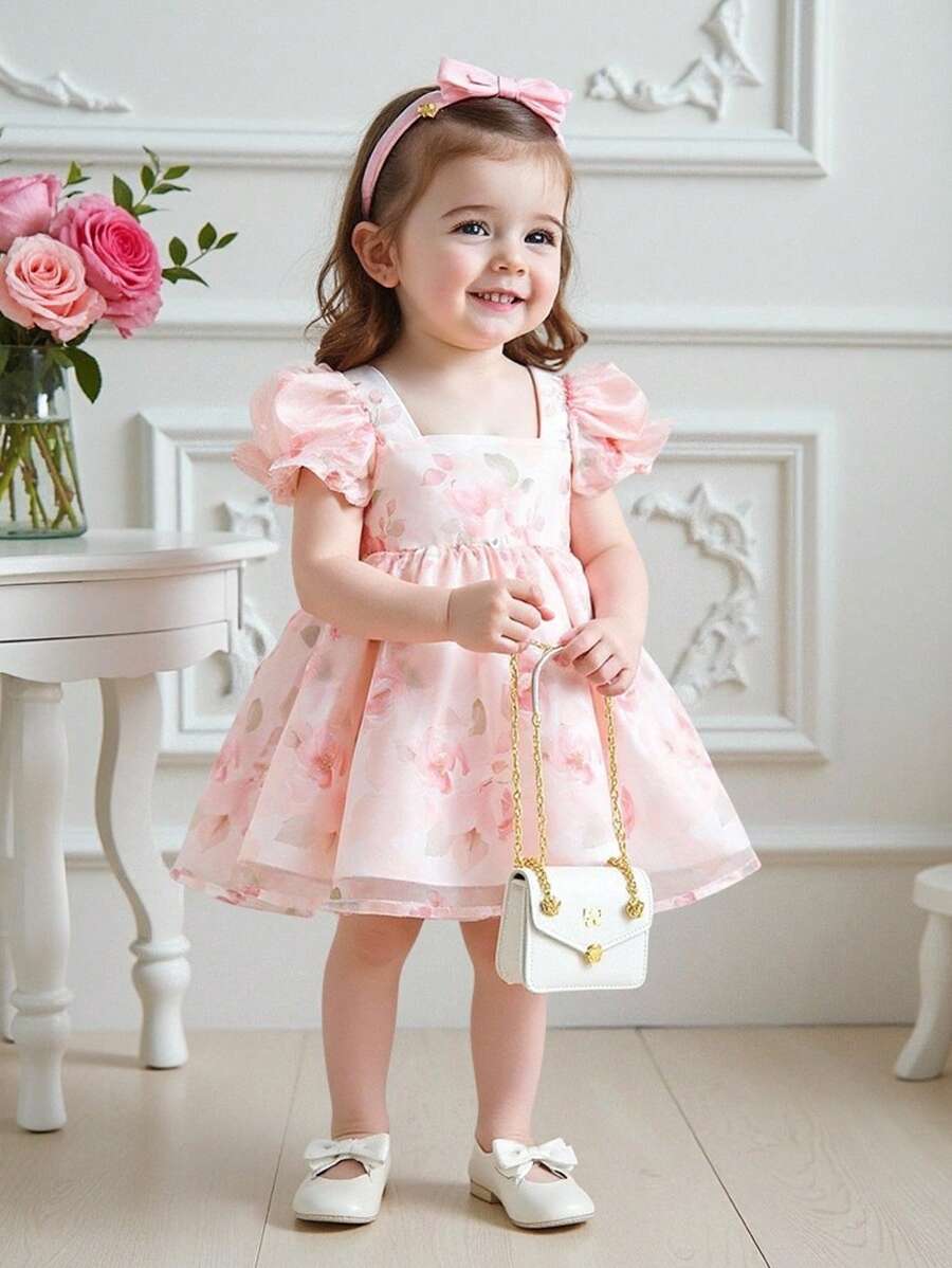 SHEIN Baby Girls Rose Print Organza Puffed Sleeve Dress, Summer Girl Clothes Dress Baby Girl Clothes Girl Summer Dress Baby Girl High Quality Clothing Baby Girl Clothes Dress Baby Girl Clothes Dress Elegant Dresses For Baby Girl Dresses For S Dress Fashion Elegant Baby Girl - Multicolor - View 1