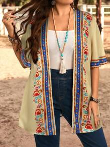 EMERY ROSE جاكيت قصير بأكمام قصيرة مفتوح الأمام مزين بطبعات زهرية وكشكشة، مناسب للعطلات الصيفية، هدايا للأمهات، طراز بوهيمي، عطلة الربيع، الرقص، الريف