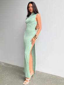 Aloruh Elegant Green Asymmetrical Neck Summer Fashion Vacation Dress - Green - View 4