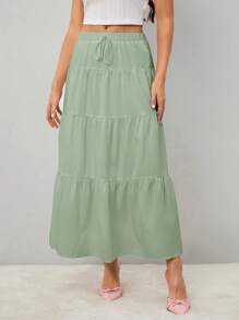SHEIN Tall Falda larga de cintura alta con nudo y volantes en el dobladillo, de unicolor