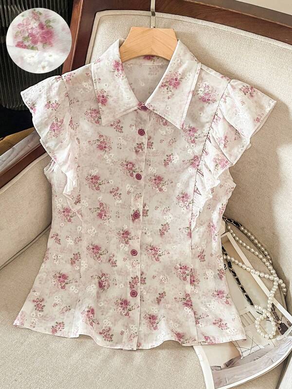 Modelyn Women's Spring/Summer Digital Floral Print Ruffle Sleeve Blouse, Fashionable Age-Reducing