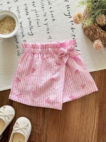 Young Girl Bowknot Pink Striped Asymmetric Hem Skorts - Pink - View 4