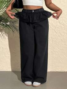 SHEIN EZwear Plus Size Women Waist Splicing Lace Ruffle Loose Wide Leg Jeans - Black - View 1