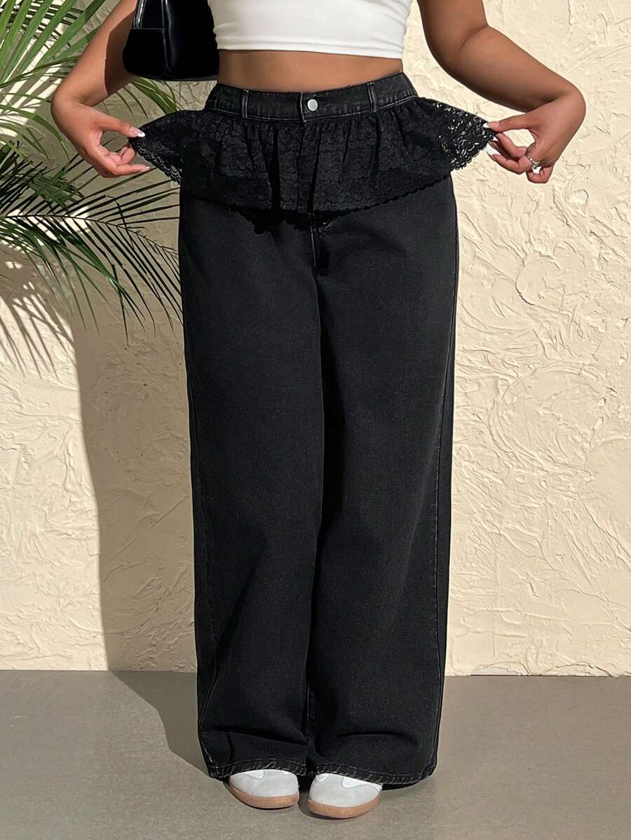 SHEIN EZwear Plus Size Women Waist Splicing Lace Ruffle Loose Wide Leg Jeans - Black - View 1
