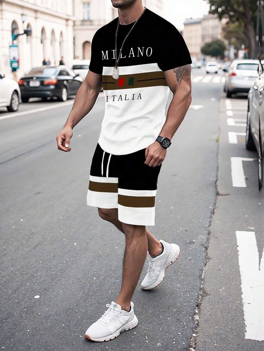 Manfinity Homme Men's Letter Print Contrast Color Short Sleeve T-Shirt And Drawstring Waist Shorts Set - Multicolor - View 1