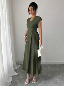 Elenzga 女士简约优雅法式时尚工作办公室商务休闲假日下午茶 V 领褶皱腰喇叭下摆长裙，落肩袖 - 軍綠色 - 查看 5