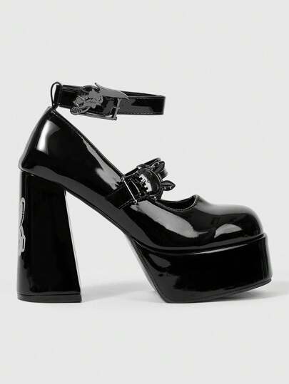 Goth Zapatos de tacón grueso de punta cerrada negros para mujer, tacones altos con tema de vestido de fiesta gótico, rock y punk