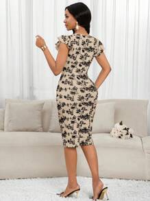 SHEIN Lady Đầm dài vừa phải in hoa cổ chữ V thanh lịch cho nữ Đầm nữ Đầm midi Quần áo nữ Đầm - Màu Khaki - Xem 2