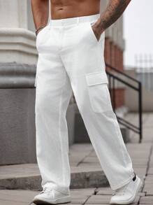 Manfinity Homme Men's Solid Color Cargo Style Casual Large Pocket Summer Pants, Fall - White - View 6