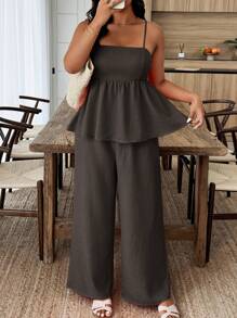Weeklong 2pcs Plus Size Women Summer Solid Ruffle Hem Camisole And Pants Set