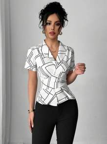 Chiquease Geometric Pattern Print Design Pleated Waist Sleeveless Blouse - White - View 3