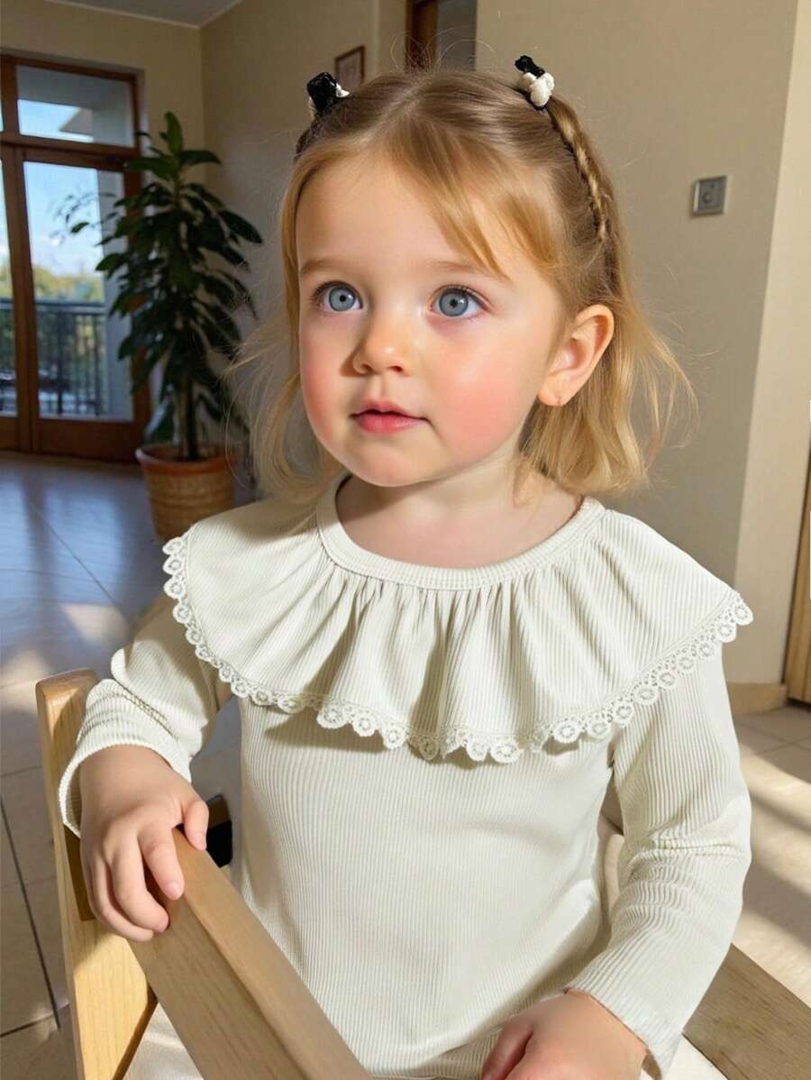 Souflis Souflis Baby Girl 0-3Y Casual Versatile Minimalist Sweet White Solid Color Elastic Ribbed Knit Long Sleeve Round Neck Ruffled Hem Tee Shirt, Can Be Worn As Inner Or Outer Layer, All Season - Apricot - View 1