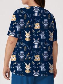 PopScrub Plus Size Women Summer Scrub Tops With Cute Cartoon Animal & Leaf Pattern, Casual Nursing Scrub Uniform Top