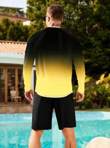 Manfinity Swimmode 2pcs Men Ombre Long Sleeve Rash Guard & Shorts Swimwear Set, Hawaiian - Multicolor - View 2