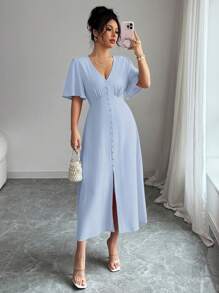 Elenzga Women's Rayon Bamboo Fiber Elegant Vacation Afternoon Tea Party V-Neck Front Button A-Line Front Slit Flared Sleeve Tied Waist Bow Short Sleeve Mid-Length Dress, Spring/Summer