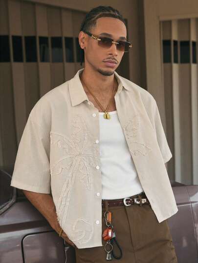 AXEPEAK Multiple Sizes Loose Fit Collared Short Sleeve Shirt For Men, With Hand-Embroidered Floral Design, Streetwear-Inspired