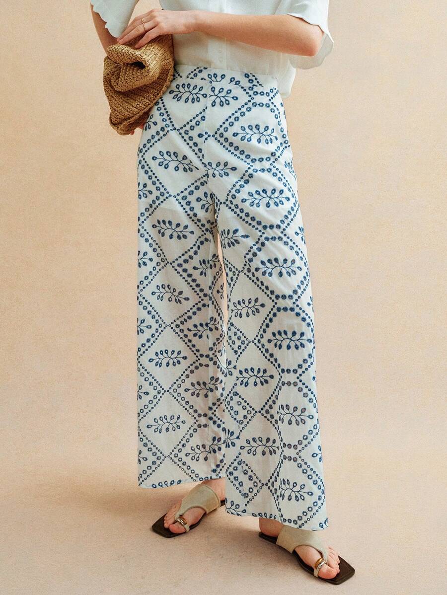 Écloséra Pantalones anchos y sueltos de algodón de estilo casual para mujer con estampado todo en uno de bordado de Madeira, ideal para el verano - Azul - Ver 1