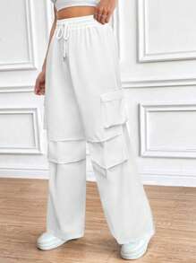 Flirla Ladies' Stylish Casual Solid Color Cargo Pants Fall Cloth For Women - White - View 3