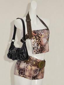 SHEIN ICON مجموعة قطعتين للنساء تتكون من توب قصير ظهر مكشوف مطبوع بنقشة الحيوان وشورت قصير جدًا, ملائمة وخصر منخفض, ملابس دراجة نارية - متعدد الألوان - مشاهدة 3