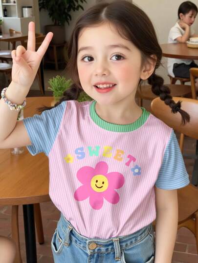 SHEIN 复古可爱彩色条纹和花卉印花，甜美脸庞图案，年轻女孩休闲简约圆领短袖 T 恤，适合夏季
